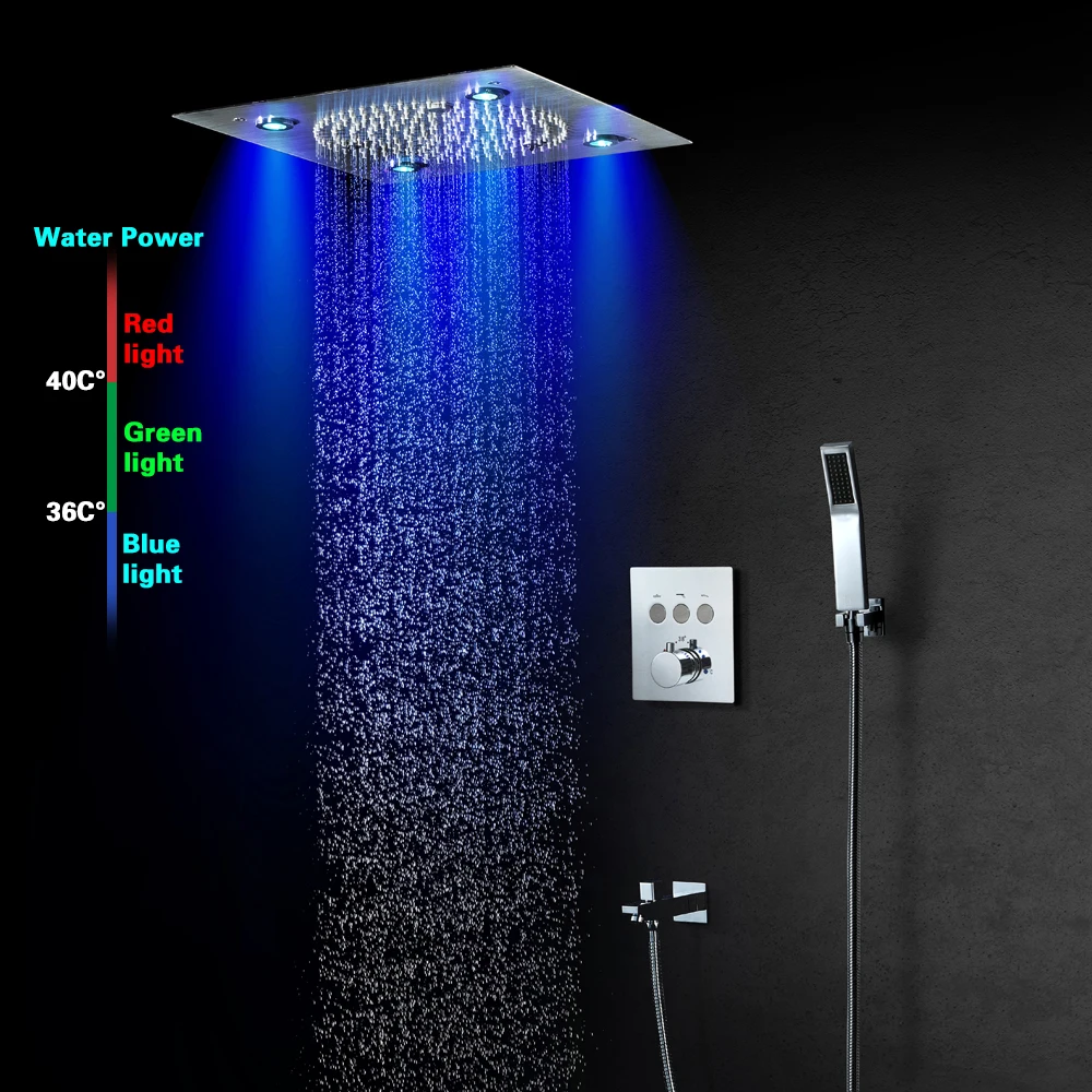 

Shower Faucet Set Button Thermostatic Main Body 32x32cm Rain and Misty Hydropower LED Shower Head Ceiling Shower Mixer HIDEEP