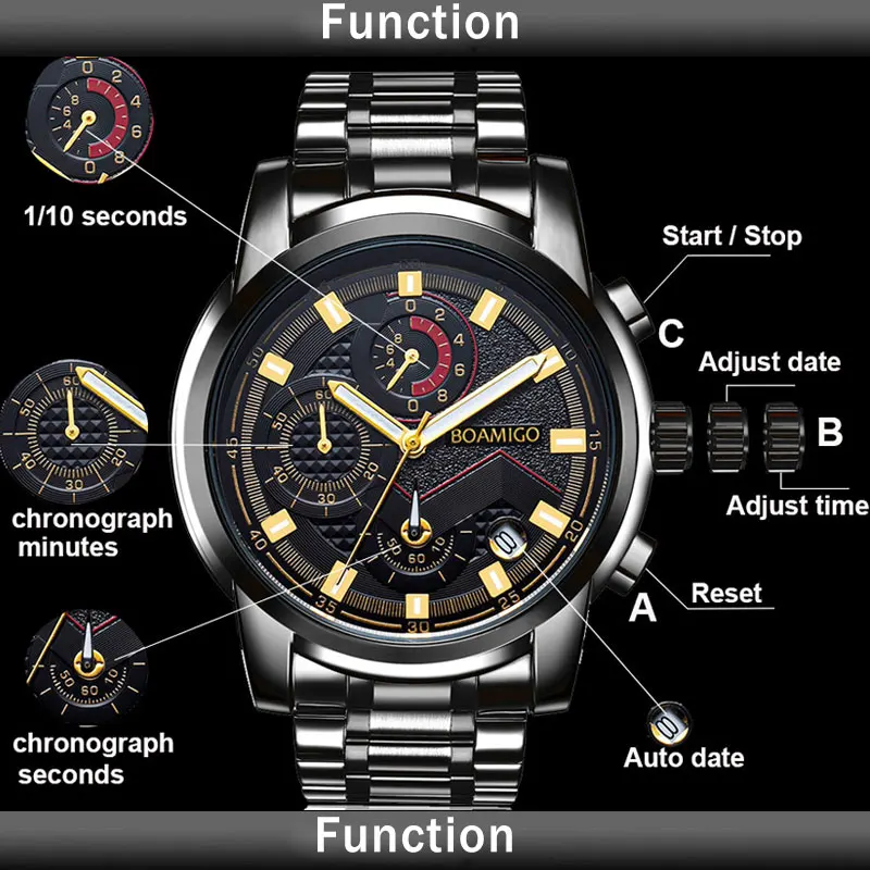 Часы мужские с хронографом водонепроницаемые полностью стальные