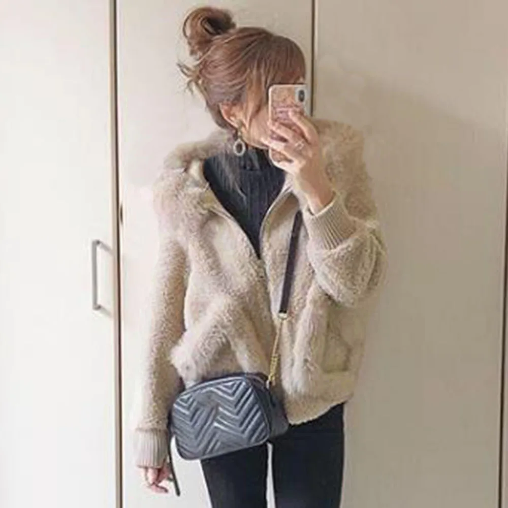 Женские толстовки с капюшоном элегантная однотонная бежевая меховая толстовка в