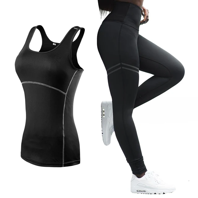 B lack 2Pc s set Женский комплект для занятий йогой без рукавов, для бега, фитнеса, спортивный жилет+ штаны, Леггинсы для йоги, одежда для спортзала, спортивный костюм для бега, спортивная одежда - Цвет: B lack 2Pc s set