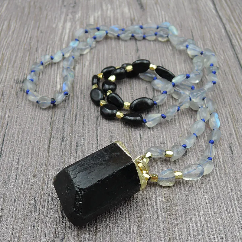 

Natural Black Tourmaline Point Pendants Necklaces 8-10mm Labradorite Irregular Pebble Beads Knot Handmade 30inch 40inch