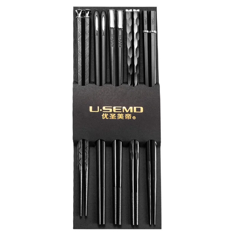 

5 pairs stainless steel laser engraving chopsticks square edge non-slip reusable sushi sticks handmade chopsticks gift package