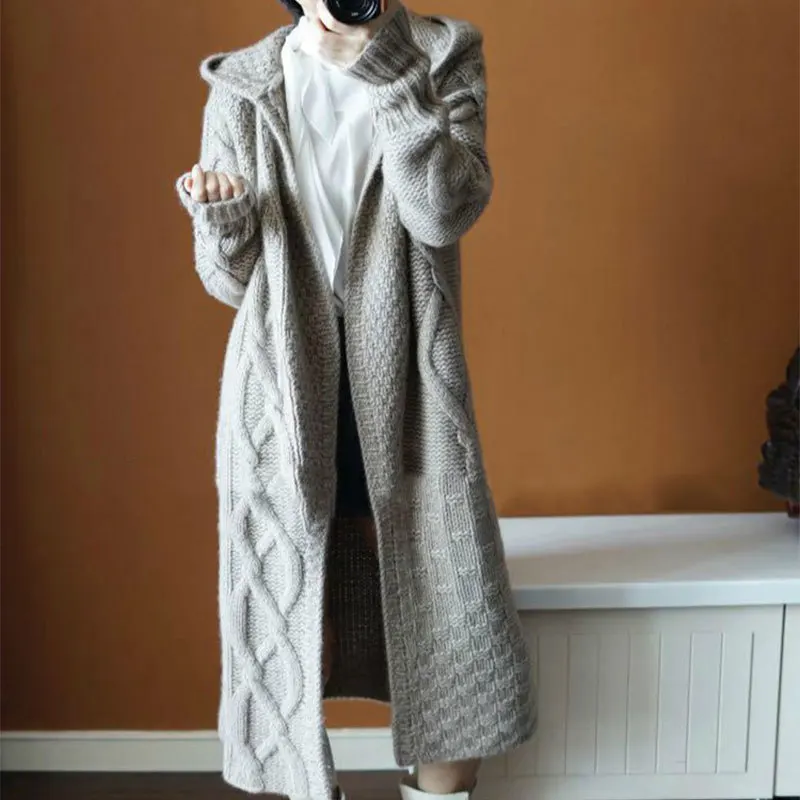 

European women hooded twist knitting cardigan super long coat sweater fashion of new fund of 2021 autumn winters