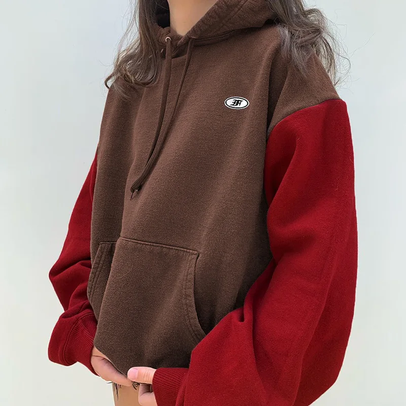 

2020 New Autumn Oversized Hoodies Color Blocking Pocket Hooded Loose Long Sleeve Sweatshirt High Street Women Sweatshirts