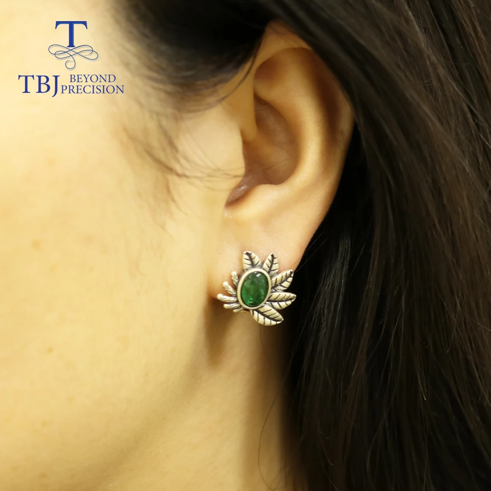 

TBJ,3.7ct natural Emerald earring 925 sterling silver fine gemstone Jewelry for women 2020 new series tree leaves design
