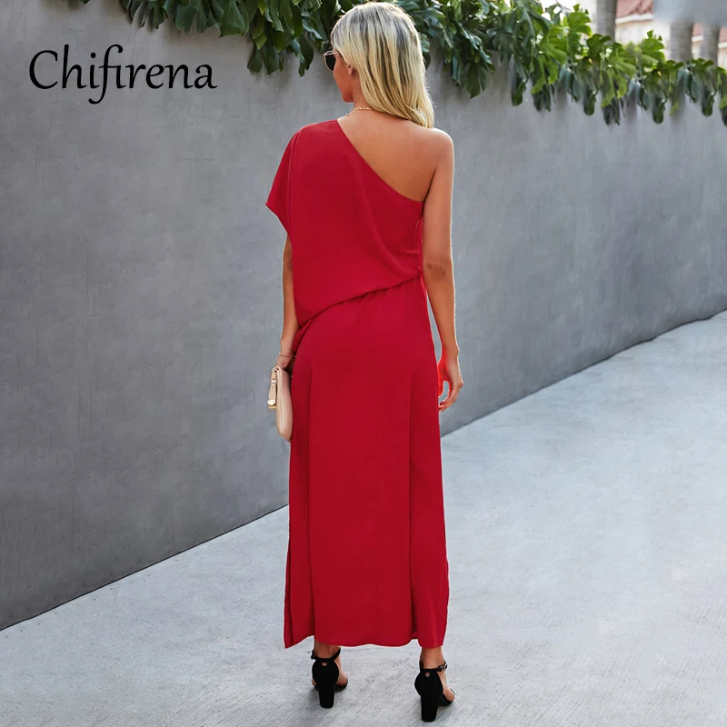

Chifirena Women's Maxi Dress One Shoulder Split Long Dresses for Woman Backless Sexy Elegant Party Sundress Black Blue Vestidos