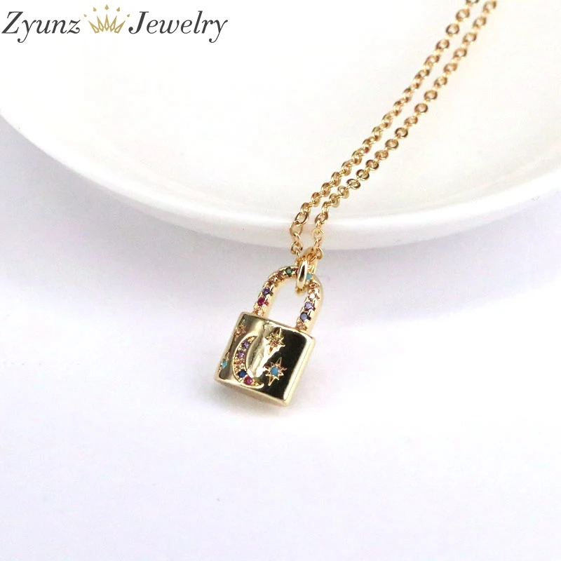 

10PCS , Women's gold Cz HEART/STAR/PADLOCK rainbow Necklace CZ Pendant Colorful Copper chain Necklace Jewelry zircons necklace