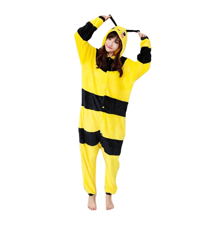 Adults Animal Pajamas Cartoon Sleepwear Bee Pajamas Sets Anime Kigurumi Women Men Warm Flannel Hooded
