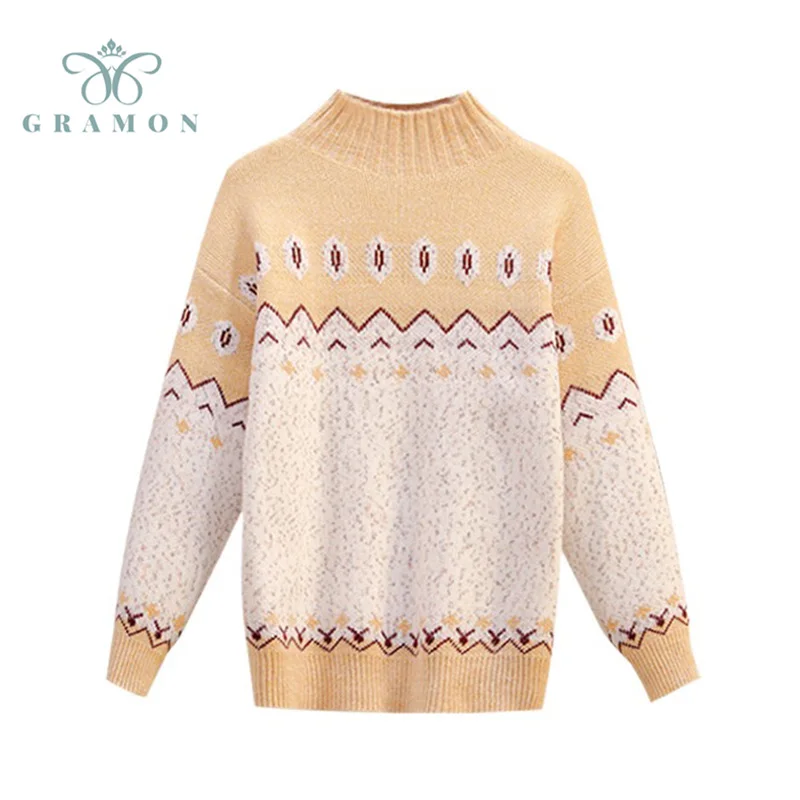

2021 Autumn Winter Thick Sweater Women Knitted Pullover Tops Long Sleeve Mock Neck Plus Size Jumper Print Soft Warm Pull Femme