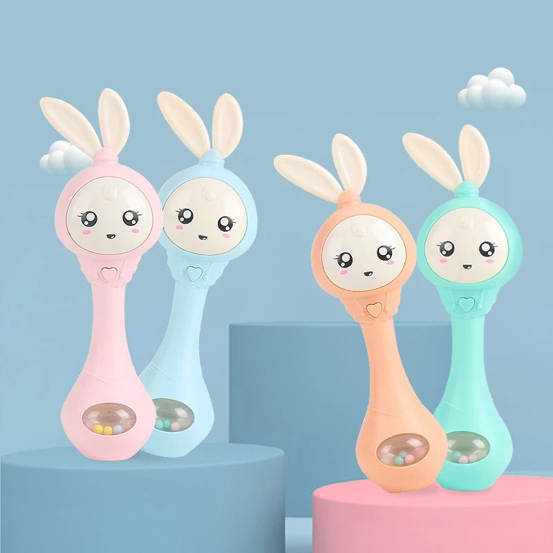 

Baby Rattles Toys 0-12 Months Newborn Infant Gift Early Development Hand Shaking Musical Bunny Toys with Light Teethers
