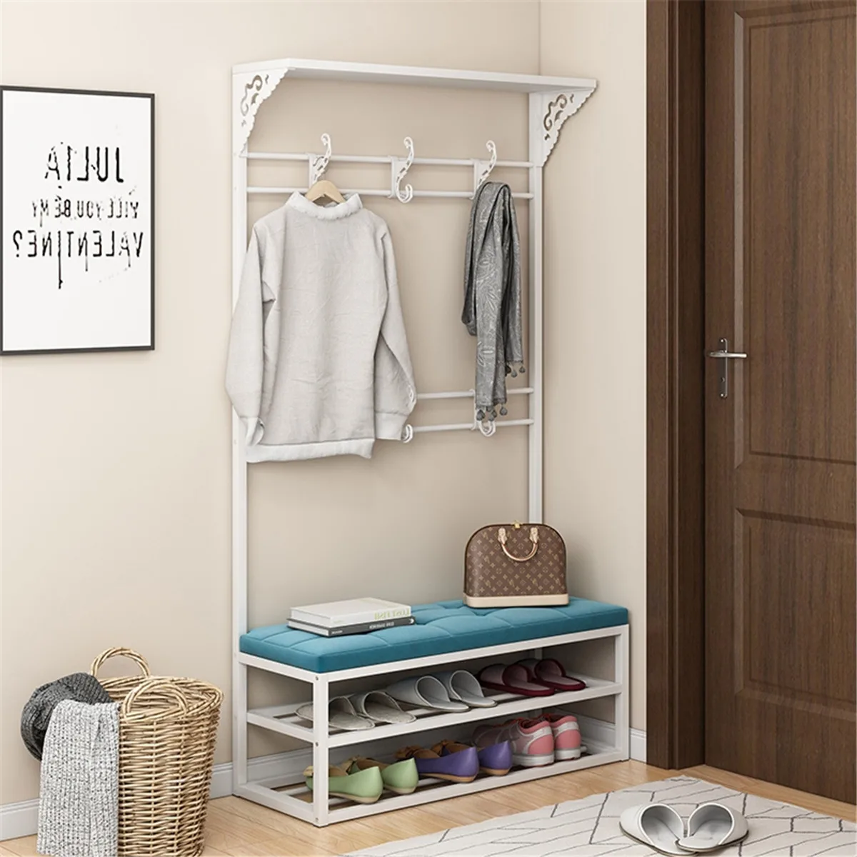 

Multi-function Coat Rack And Shoe Cabinet Wall Bedroom Porch Hanging Clothes Rack with Stool Floor Standing Bag Hanger Organizer