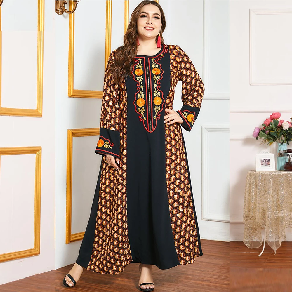 

DOIB Women Patchwork Floral Print Maxi Abya Dress Emboridery Full Sleeve Long Dress 2020 Autumn Plus Size Muslim Dress