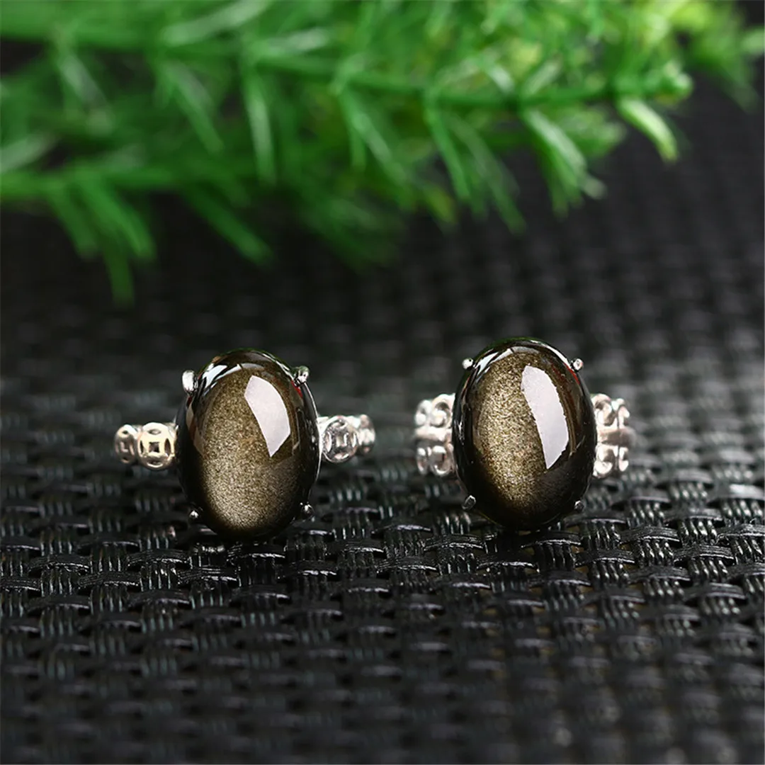 

Genuine Natural Gold Obsidian Flash Adjustable Ring 16x12mm 925 Sterling Silver Men Woman Gold Obsidian Ring Oval Jewelry AAAAA