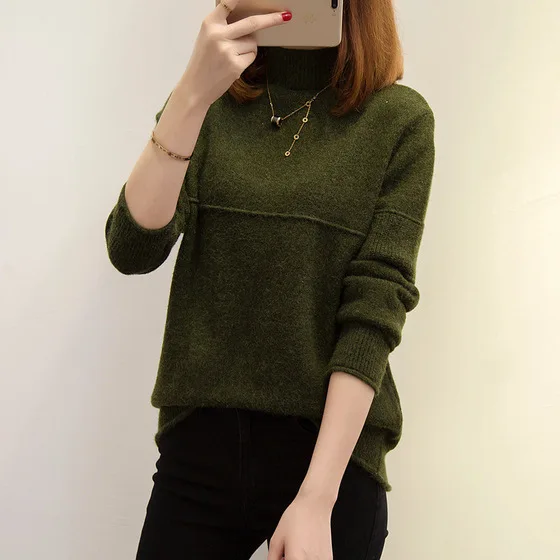 0.5 New Arrival Thick Winter Knitted Women Sweater half turtleneck solid color pullover winter clothes women | Женская одежда