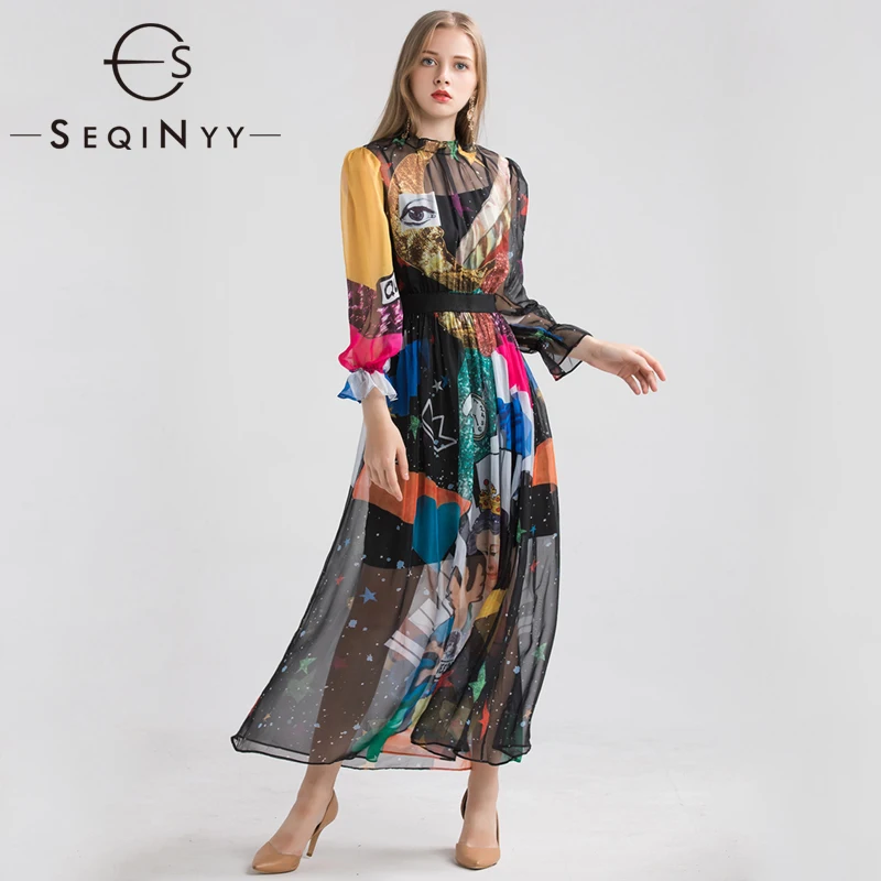 SEQINYY шифоновое платье Ранняя весна лето новое модное длинное платье с длинным рукавом-фонариком и эластичной талией с разноцветным принтом ангела