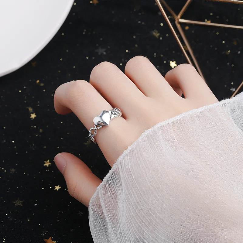 

Hot Sale 100% 925 Sterling Silver Rings Female Open Fashion Jewelry Adjustable Love Heart-Shaped Silver Ring for Lover Best Gift