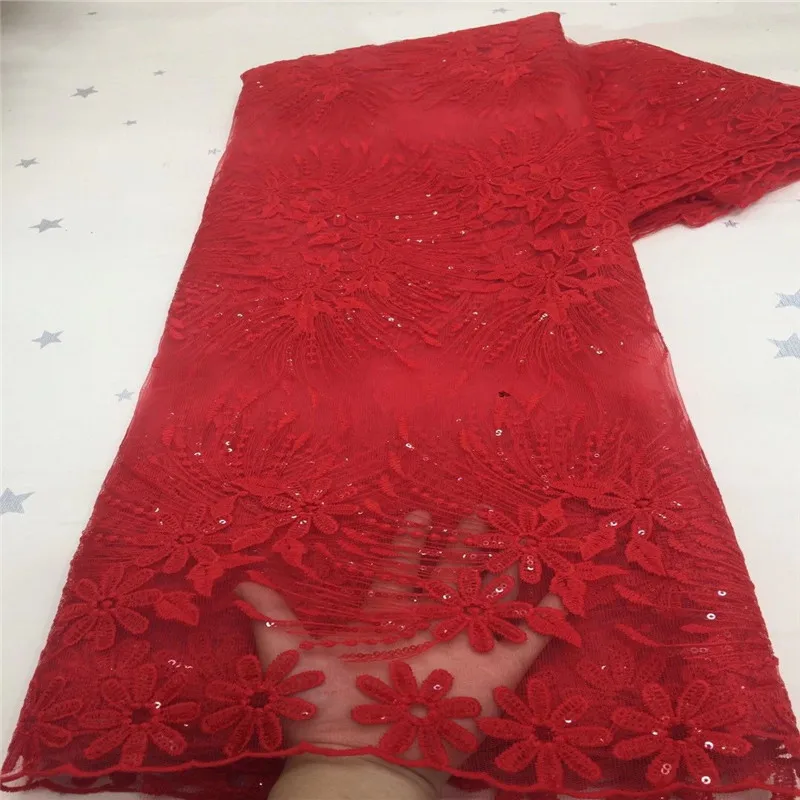 

Hot Sale Sequin Lace Fabrics red African Lace Fabric High Quality Nigeria French Tulle Mesh Lace Fabric for Bridal Material