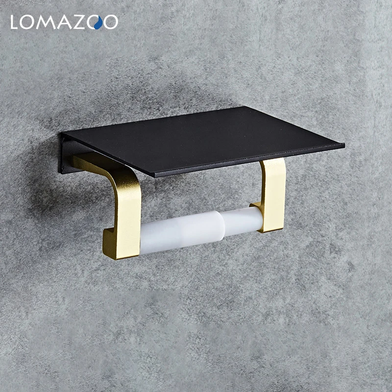 

LOMAZOO Black/Silver Aluminum Thickened Roll Paper Holder,Punch-Free Bathroom Kitchen Wall Mounted Tissue Rack Phone Shelf
