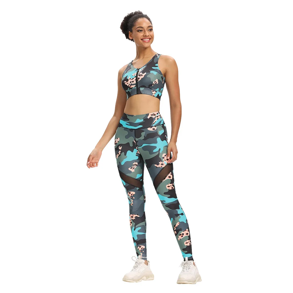 

Leopard Camouflage Printed Mesh Stitching Full Elastic Force Thickened Milan'ni Zipper Yoga Suit