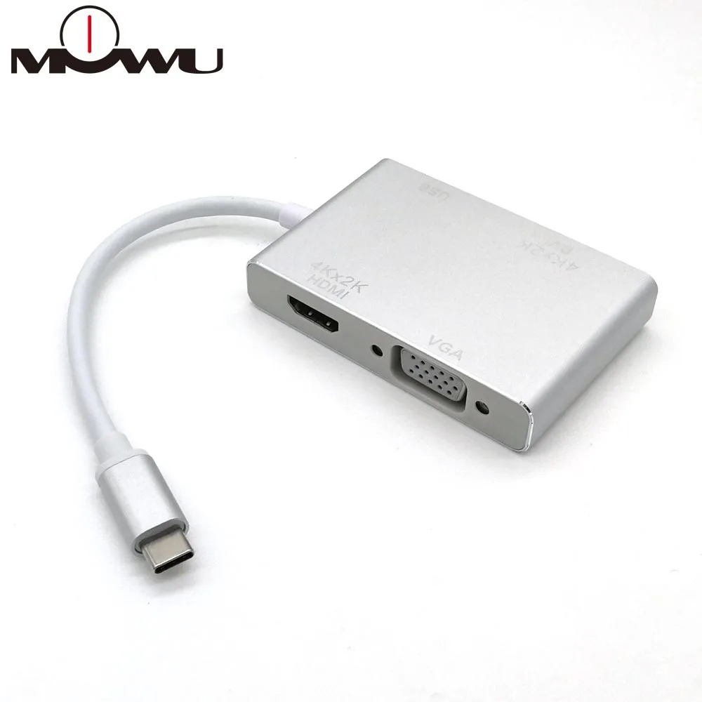 Переходник 4 в 1 с портом Type-C папа на HDMI + VGA DVI USB 3 0 мама алюминиевый адаптер