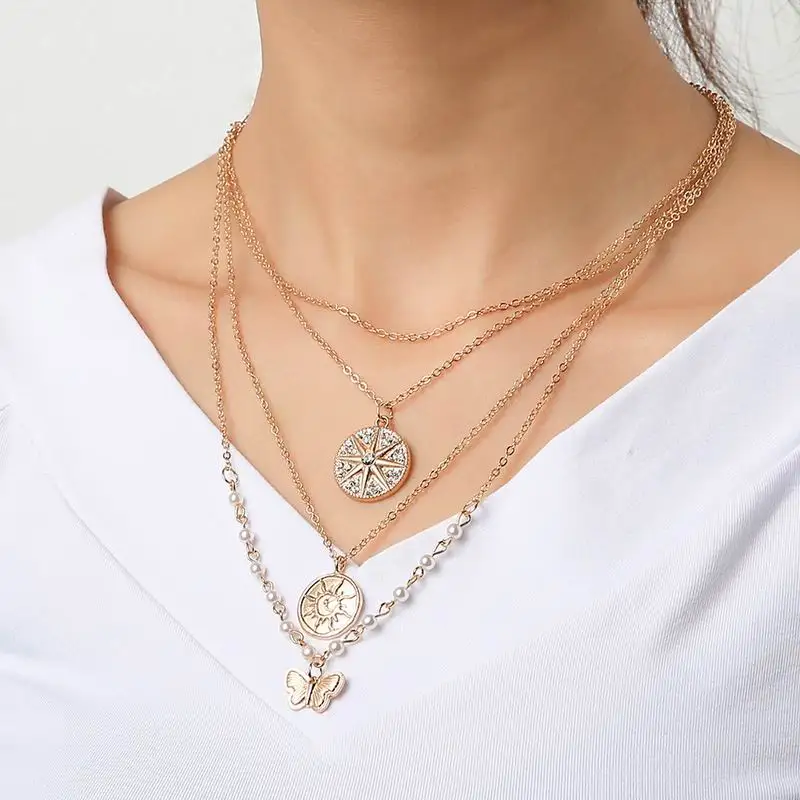 

Boho Multilayer Necklaces for Women Gold Cross Letter Circular Long Tassel Pendant Chain Fashion Choker Necklace Female Jewelry