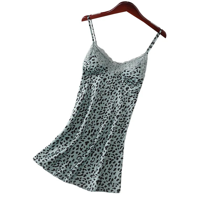 

Summer New Nightdress Satin Leopard Sleep Dress Women Spaghetti Strap Nightgown Intimate Lingerie Loose Home Clothes Nightwear