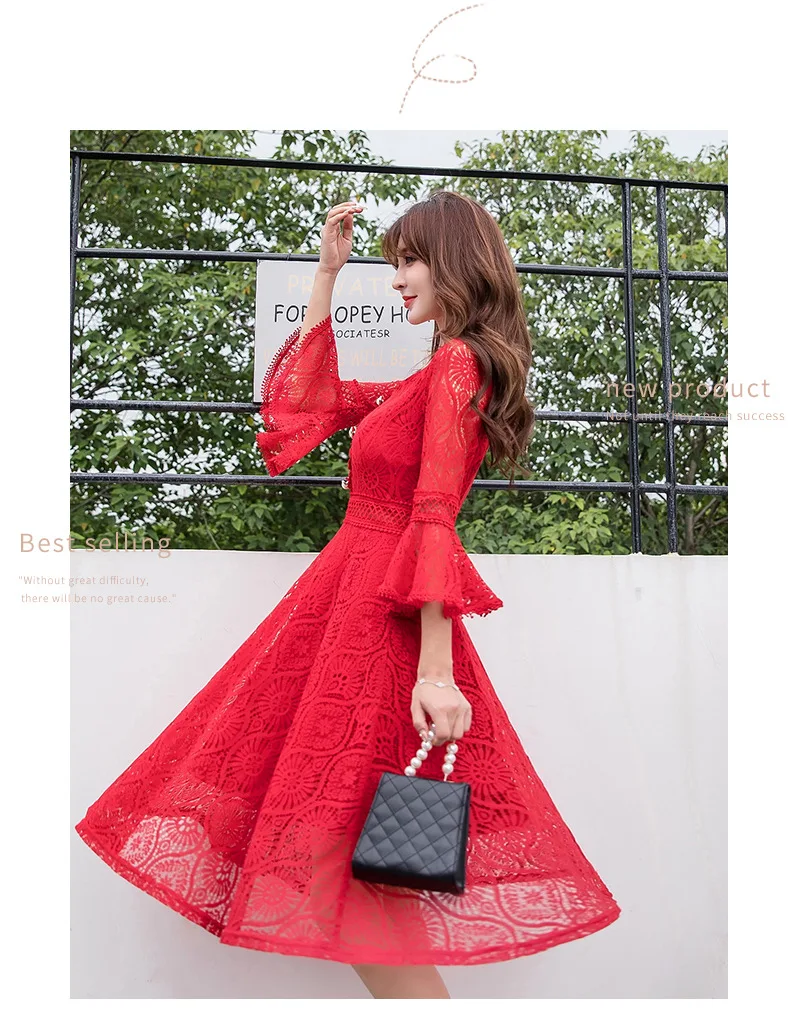 Осеннее кружевное вечернее платье с v-образным вырезом и расклешенными рукавами