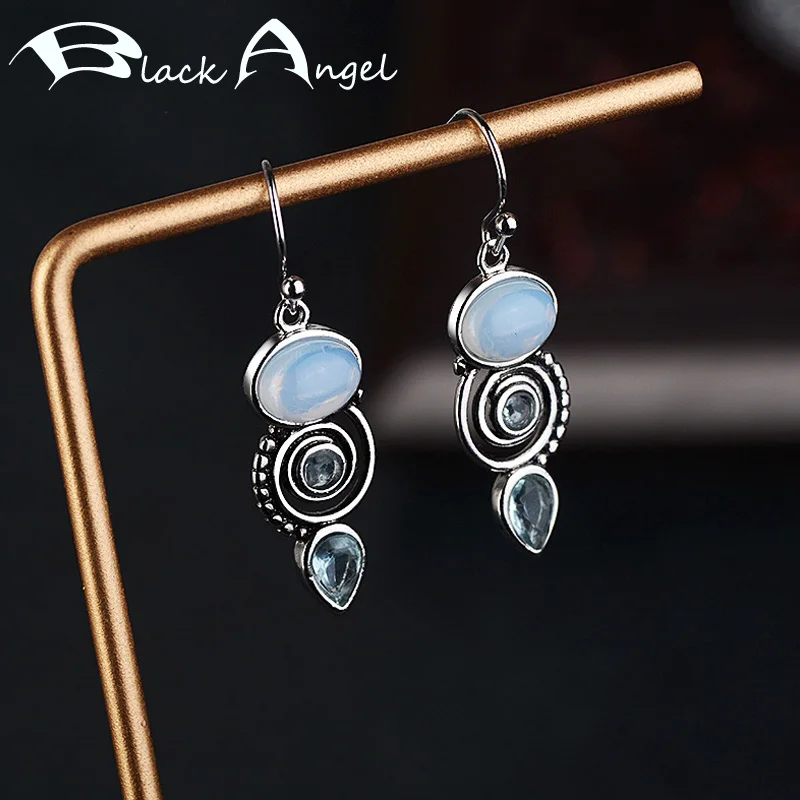 BLACK ANGEL Vintage 925 Sterling Silver Earrings Sky Blue Topaz Drop Dangle For Women Fine Jewelry Party Gift | Украшения и
