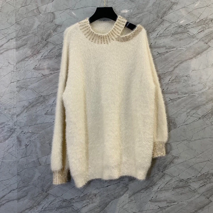 

2021 new women fashion round neck, pure leaky shoulder, set diamond mid-length fashion loose sweater 1009