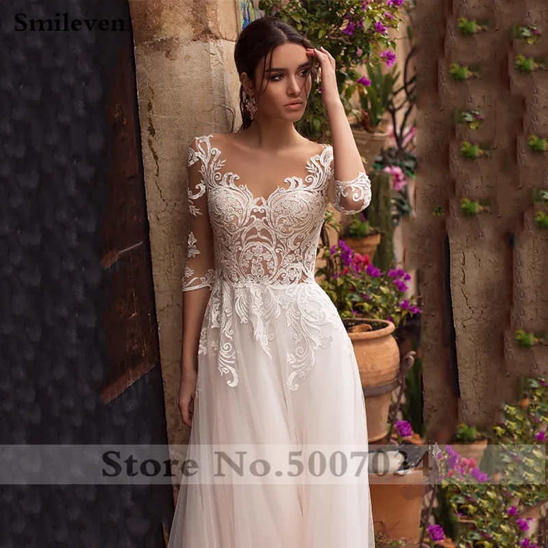 Smileven свадебное платье 3/4 с длинным рукавом Boho невесты платья для женщин линия белые кружева с аппликацией пышное свадебное платье из тюля
