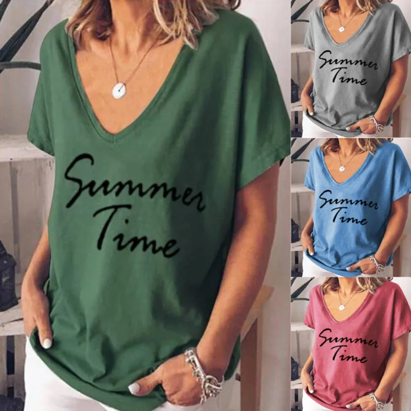 

Summer Casual V Neck Solid Color T-shirt Letter Printed Plus Size Women Short Sleeve Tops