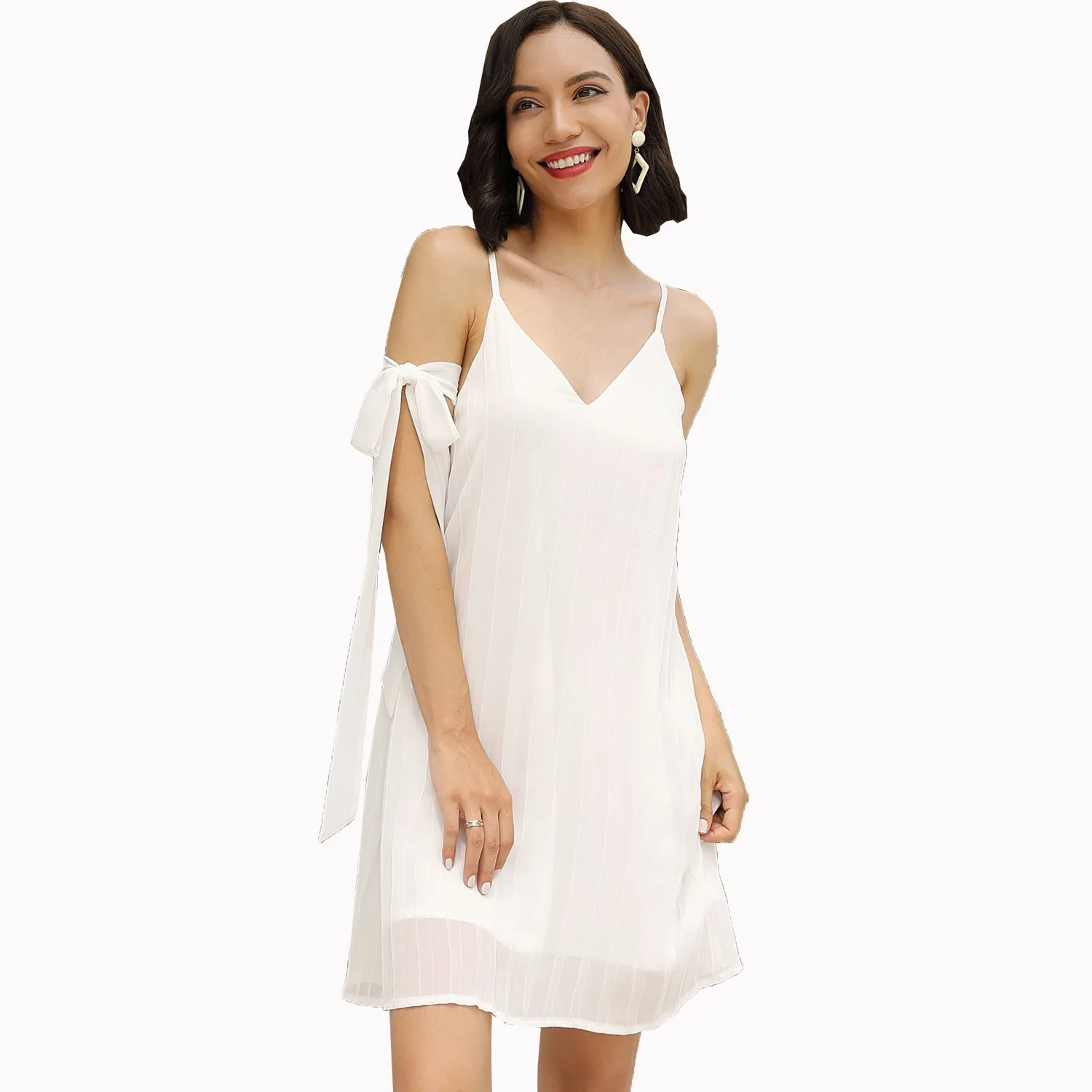 

Women Summer Dress 2021 Sexy Casual Women Skirt V-Neck Open Back Sleeveless Holiday Beach Sling Solid White Chiffon Dress