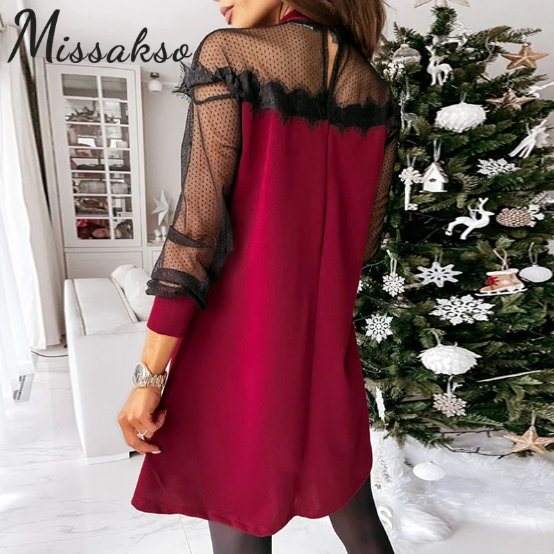 

Missakso 2021 Sexy Lace Patchwork Dress Women Party Streetwear Black Spring Casual Long Sleeve Loose See Through Mini Dresses