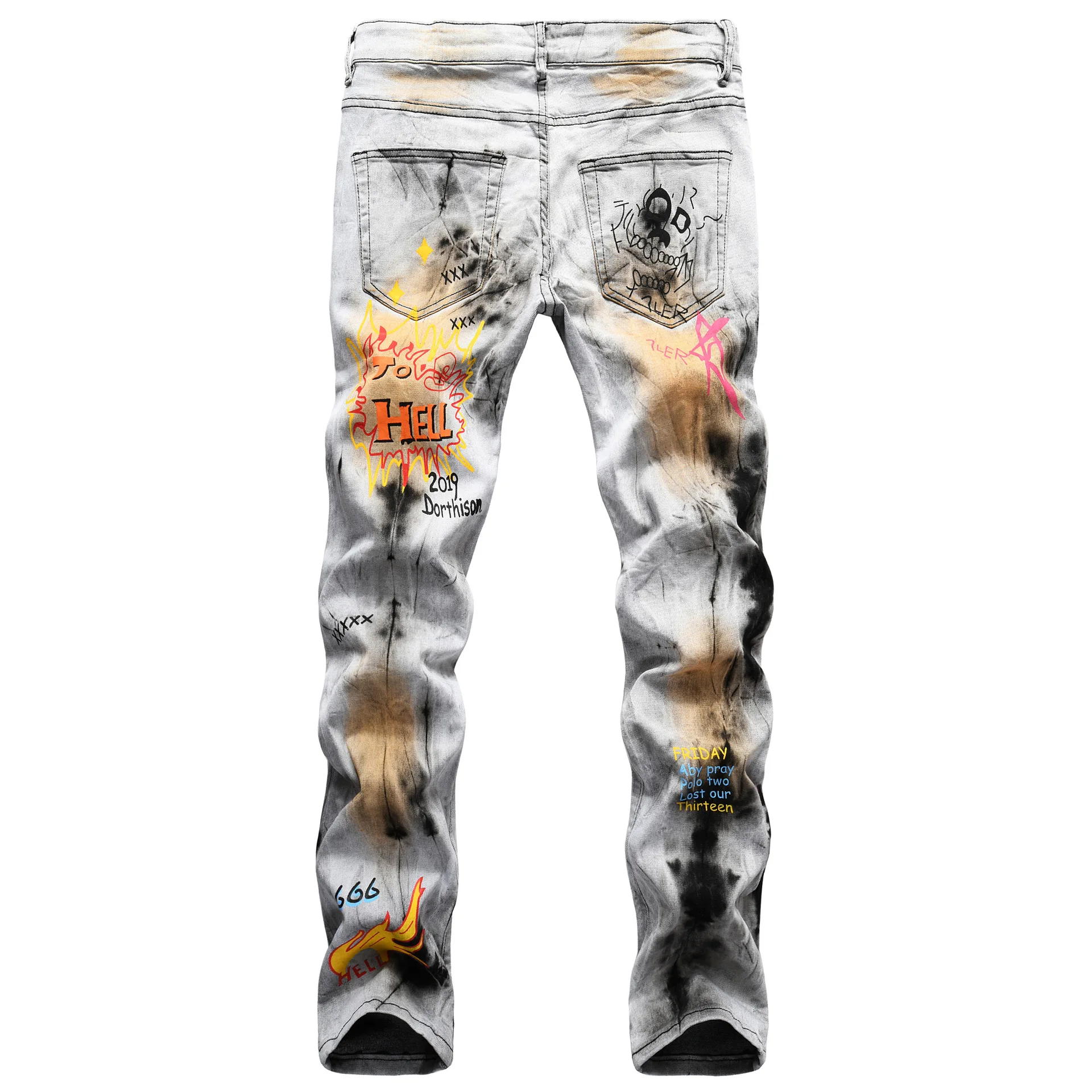 High-Quality Men's Slim-fit Straight-leg Printed Vintage Jeans Casual Personality Young Men Hip-Hop Print Flame Denim Pants