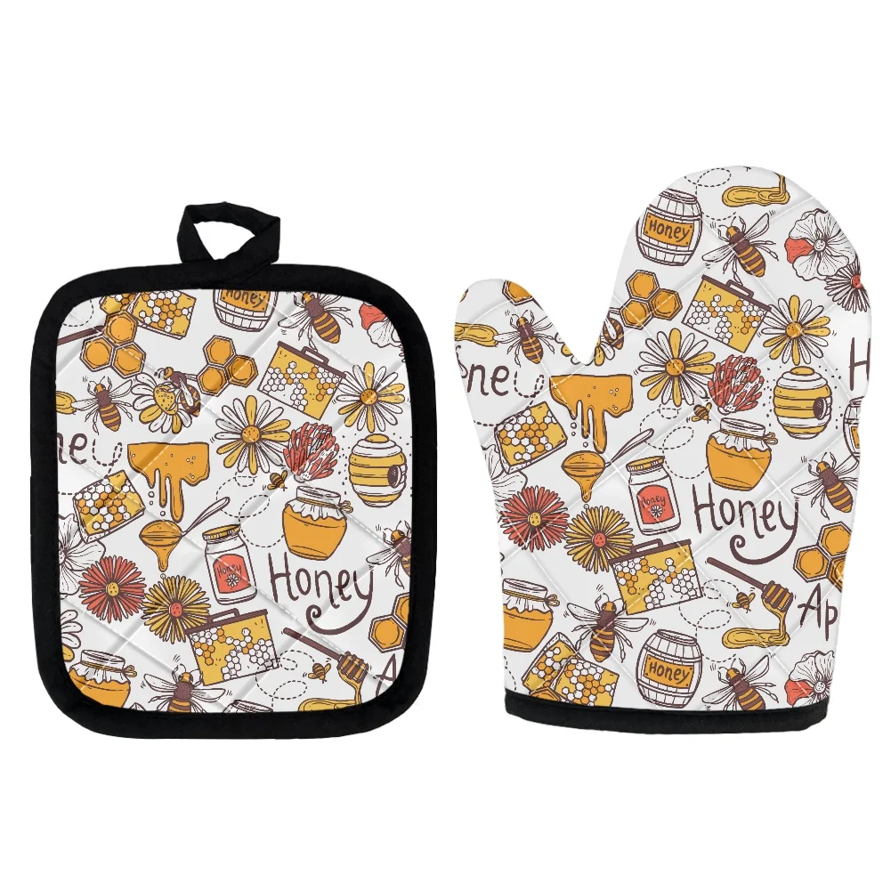 

Honey Bees Design Oven Mitt Thickening Poyester High Temperature Resistant Glove and Pot Handle Pad Cooking Microwave Oven Mitts