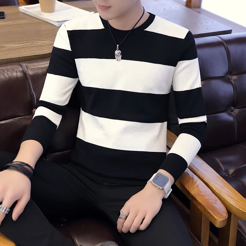 2019 черно белые полосатые вязаные свитера с дырками осенне зимний свитер модная