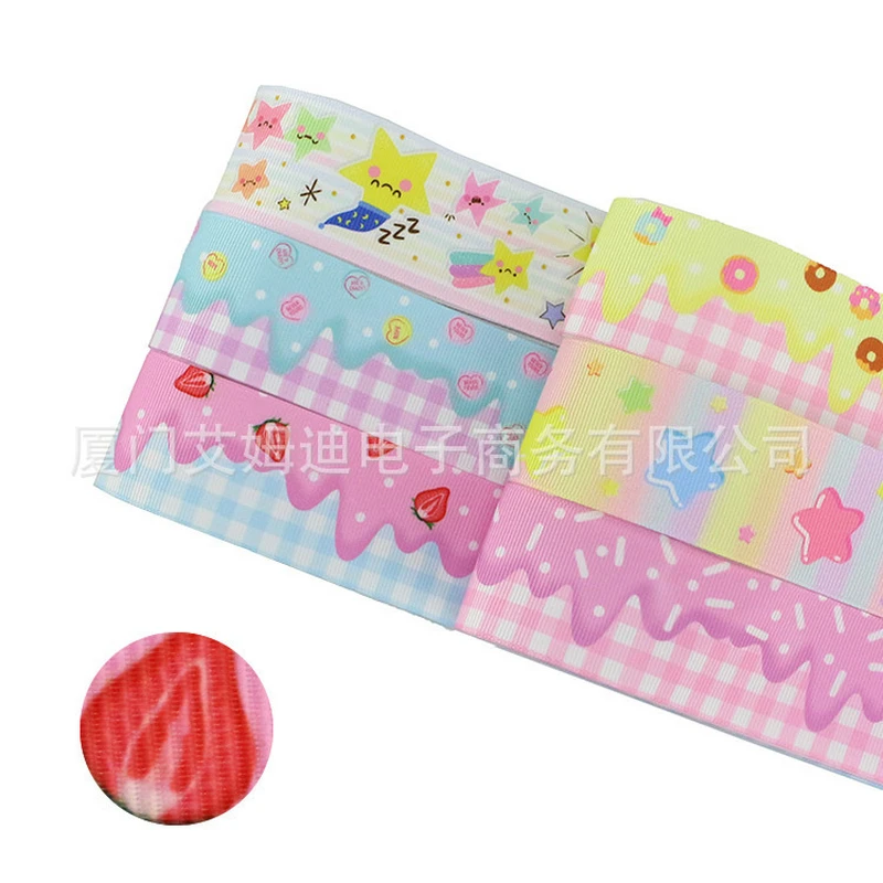 

5 Yards/lot Cartoon Star Cupcake Ribbon Strawberry Printed Grosgrain Ribbon 25mm Stripes Star DIY Hair Bowknots Gift Handmade