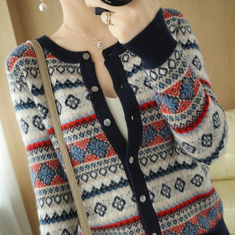 Винтажный вязаный кардиган женский осенне-зимний свободный свитер с круглым