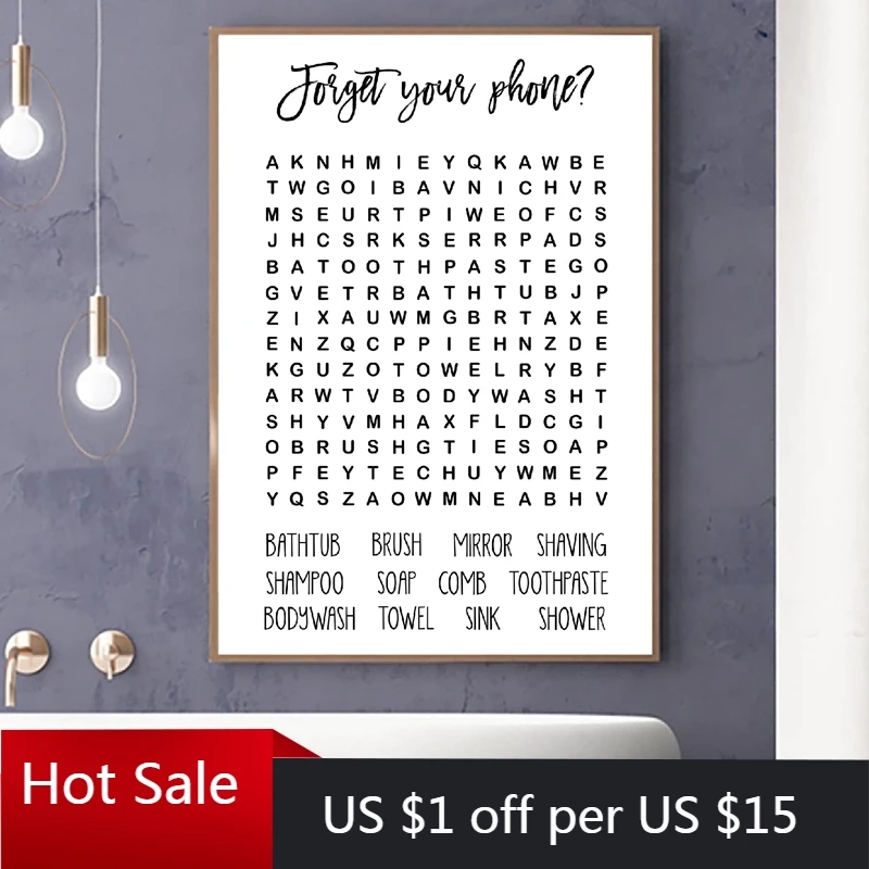 Печать в поисках слов ванной комнате черный и белый минимализм гостевой знак