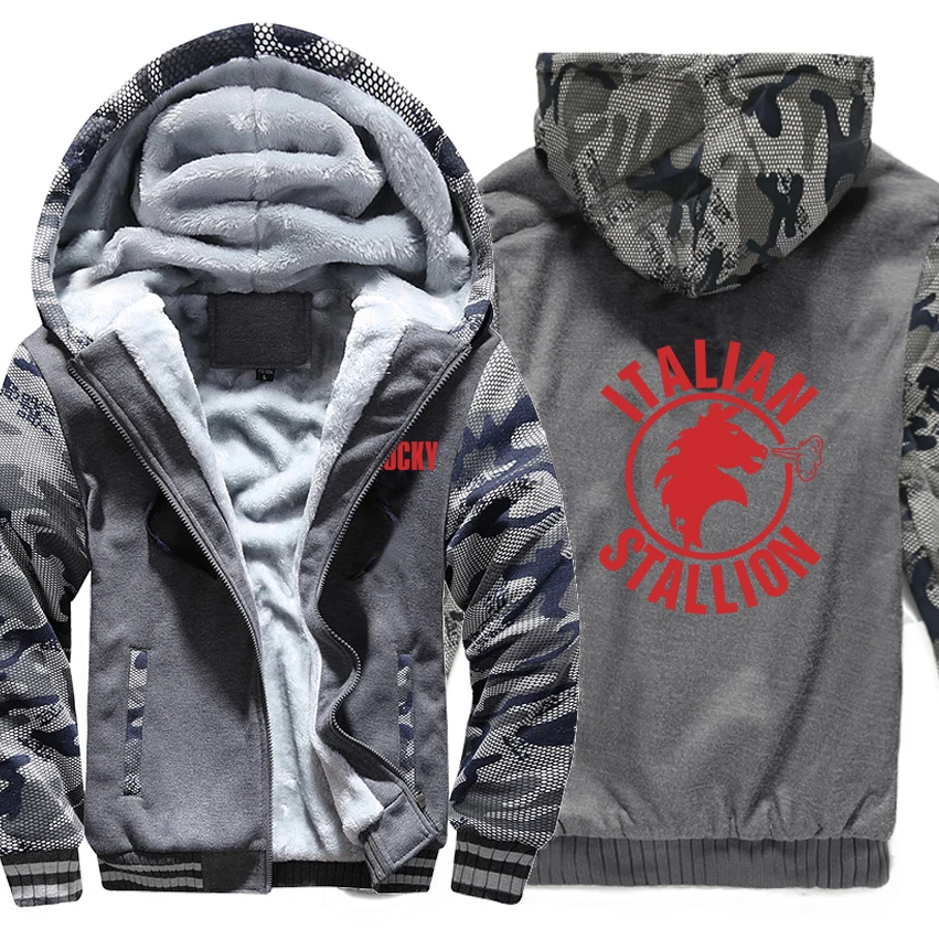 

2021 Rocky Balboa Hoodies Camouflage sleeve Jacket Hoody Zipper Winter Fleece Italian Stallion Sweatshirt