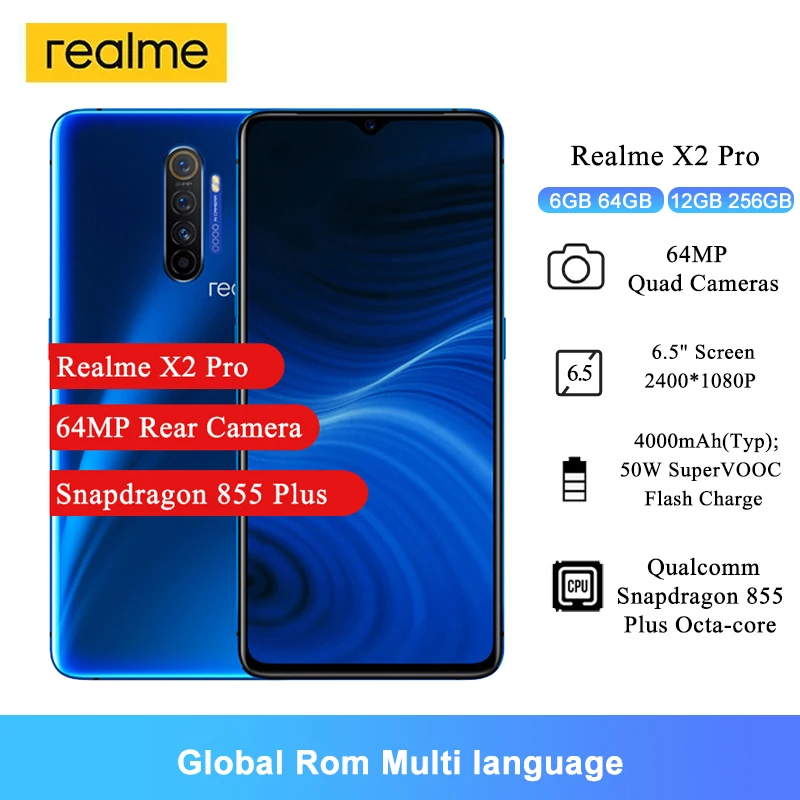 Realme X2 Pro LTE Android сотовый телефон 6 5 дюймов Snapdragon 855 плюс Восьмиядерный 64.0MP сзади