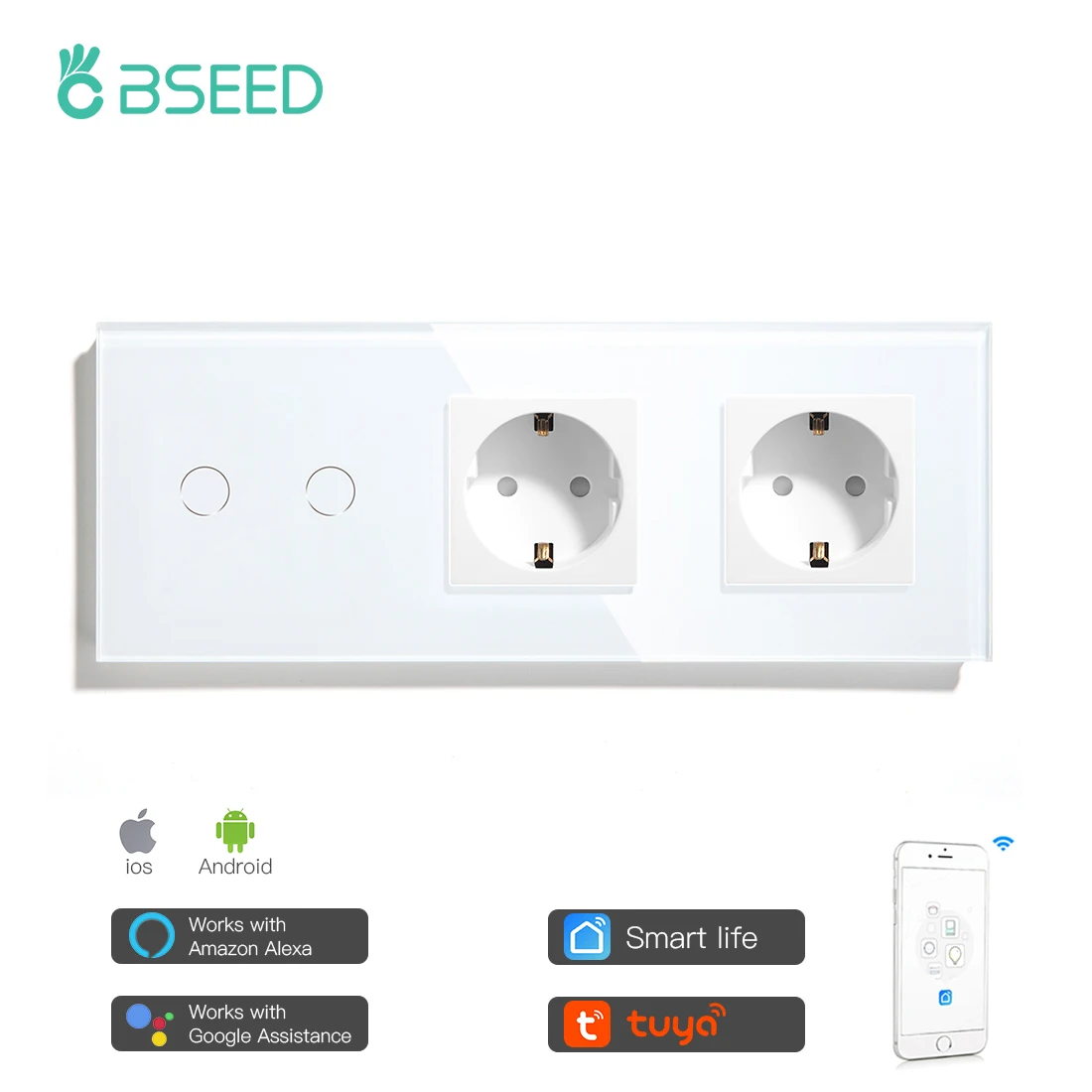 

BSEED 2 Gang Smart Wifi Switch With Double Normal EU Sockets White Black Glod Crystal Glass Panel Control By Alexa Google Tuya