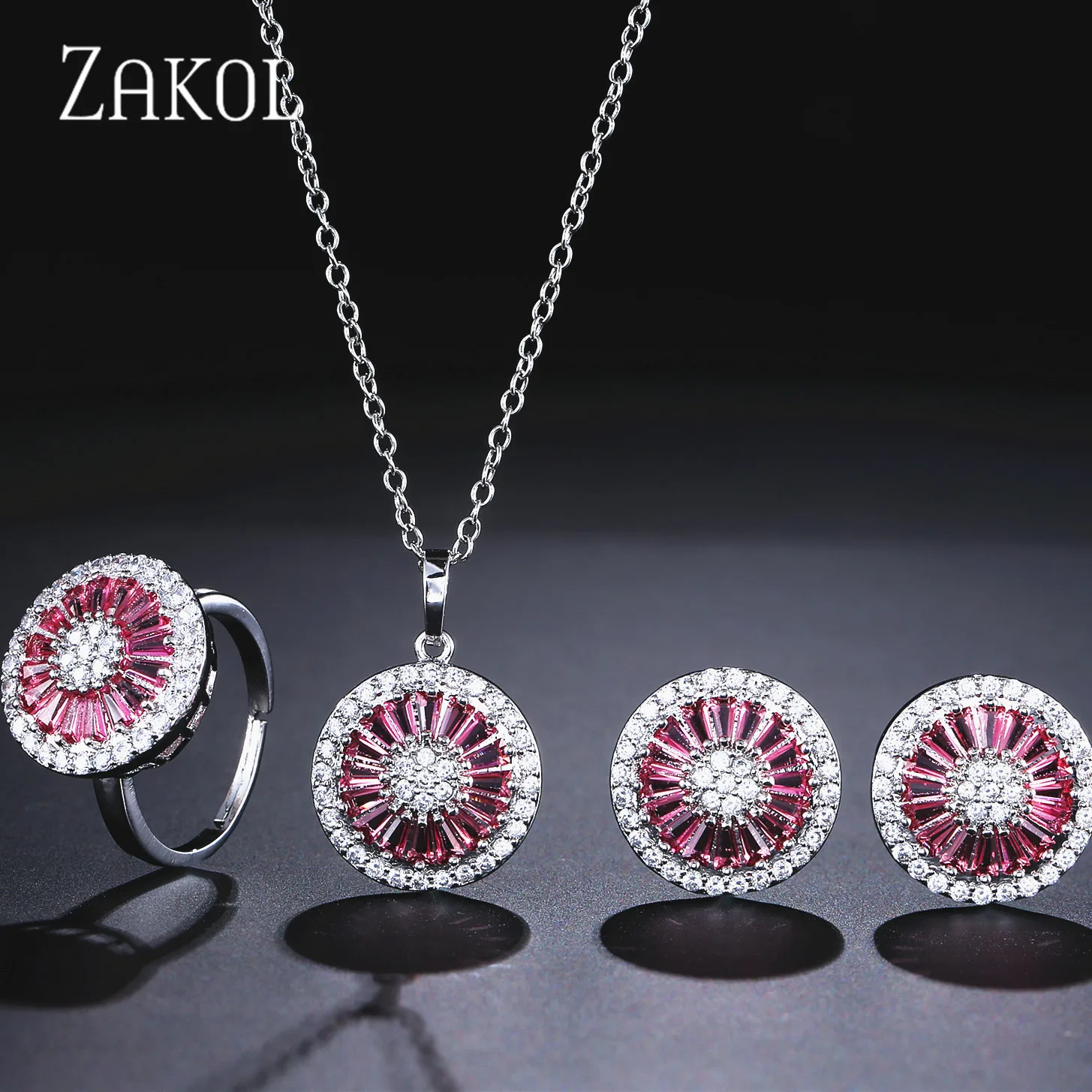 Red 3 Pcs Set ZAKOL высокое качество CZ Кристалл Женская мода ювелирные изделия блестящий круглый кубический циркон ожерелье серьги кольцо ювелирные изделия для невесты набор FSSP2013 - Окраска металла: Red 3 Pcs Set