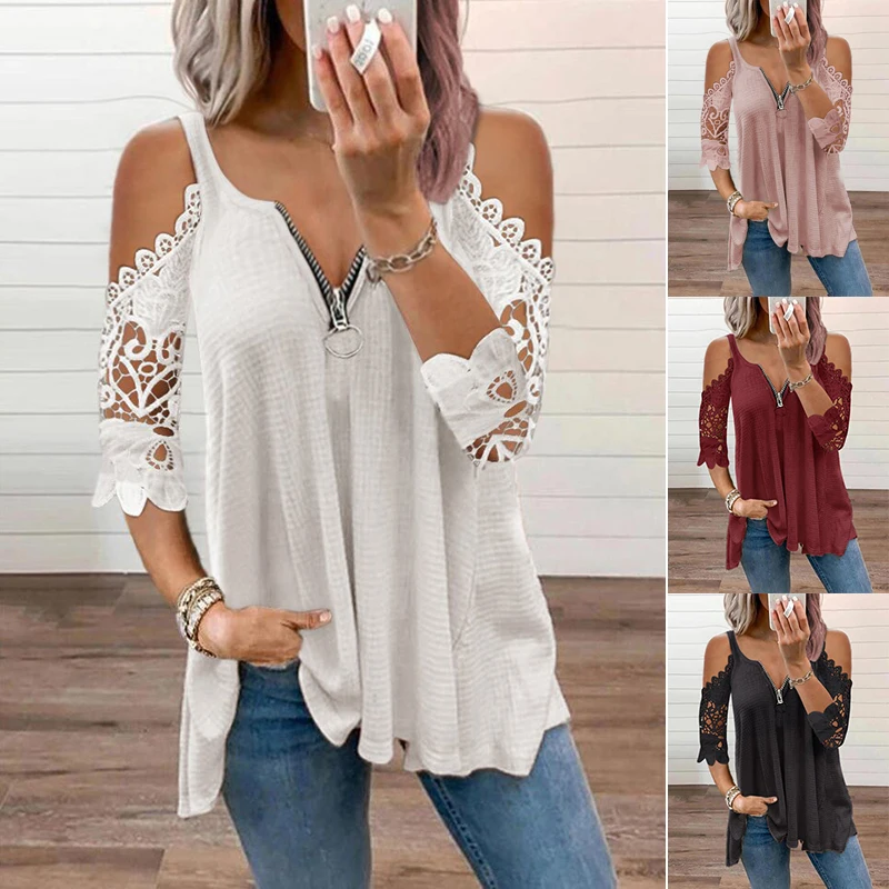 2021 Summer Women's Clothing Sexy Off Shoulder Lace Patchwork V Neck Zipper Casual Elegant Tunic T-shirt Fashion Ladies Tops