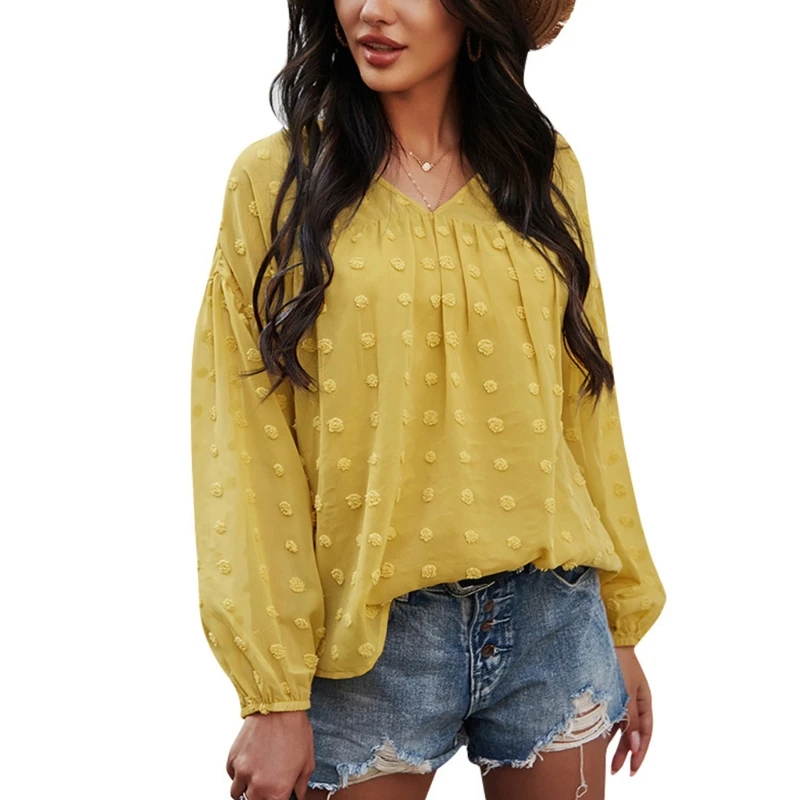 

Women's Explosion V-neck Long Sleeve Embroidered Flowers Loose Comfortable Chiffon Top M7DD