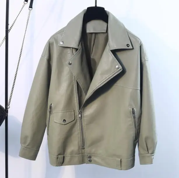 Women Leather Jacket Female Soft Faux Leather Coat Loose Rivet Zipper Overcoat