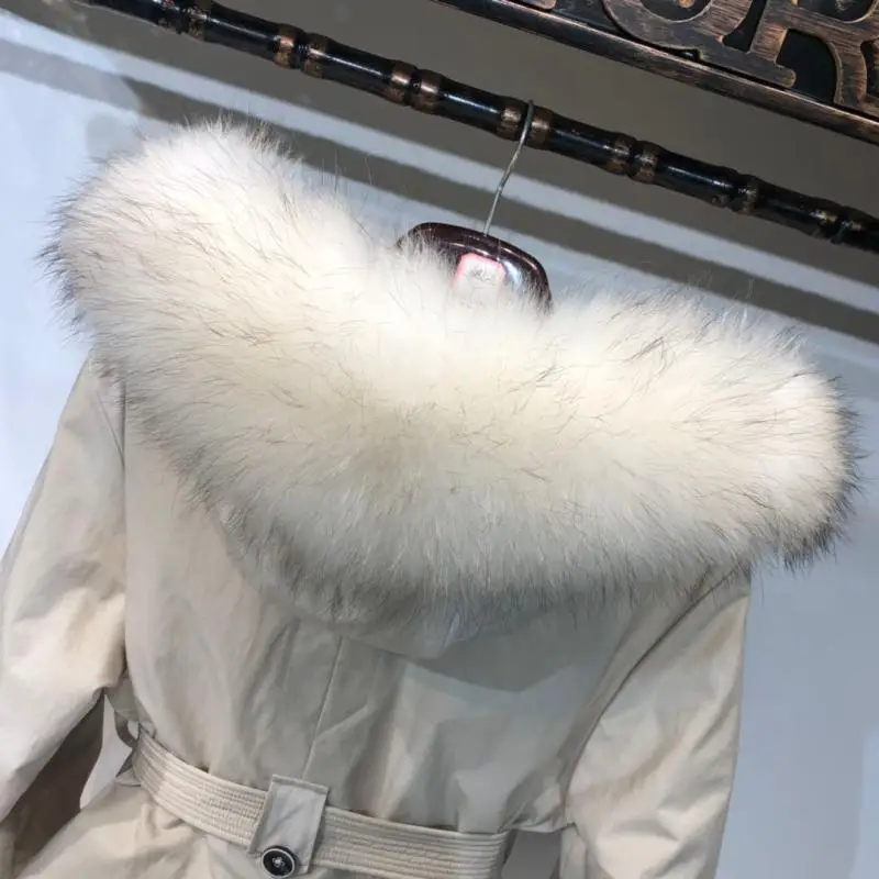 

Real Natural Fur Collar 2020 New Women Winter Long White Duck Down jacket Female Warm Windproof Down Coat Hooded Loose With Belt