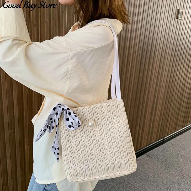 

Handmade Straw Braided Totes Fashion Beach Style Handbag Women Purse Bucket Bags Retro Classic Shoulder Handbags Elegant Female