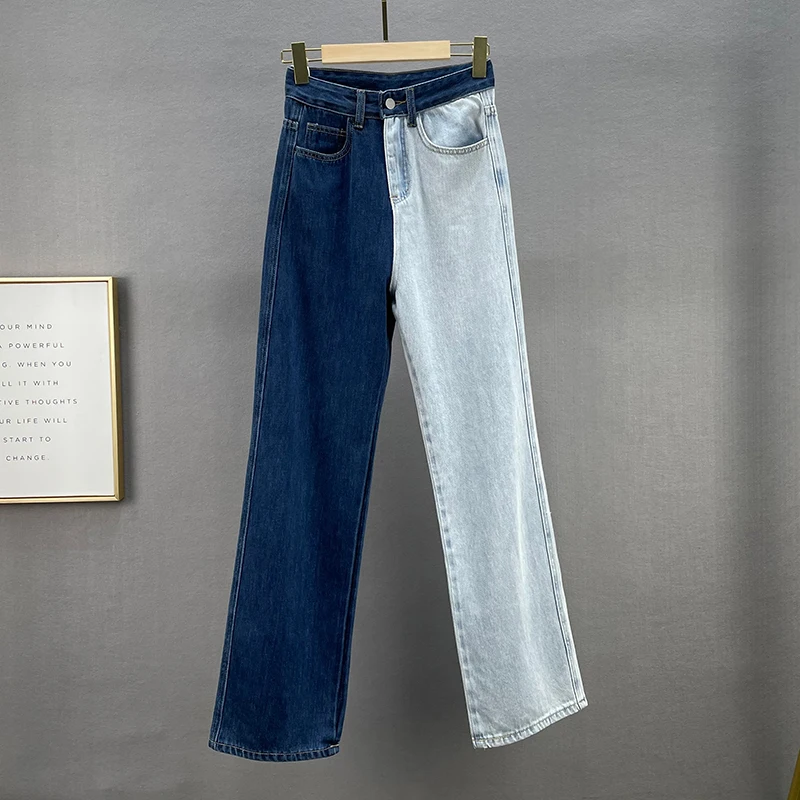 

Denim Long Pants Women's 2021 Autumn New High Waist Loose Stitching Blue Straight Trousers Office Lady Jeans Wide-legged Pants