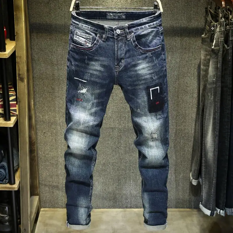 

Men's Jeans Elastic Embroidery Jeans Men's Ripped Biker Denim Pants